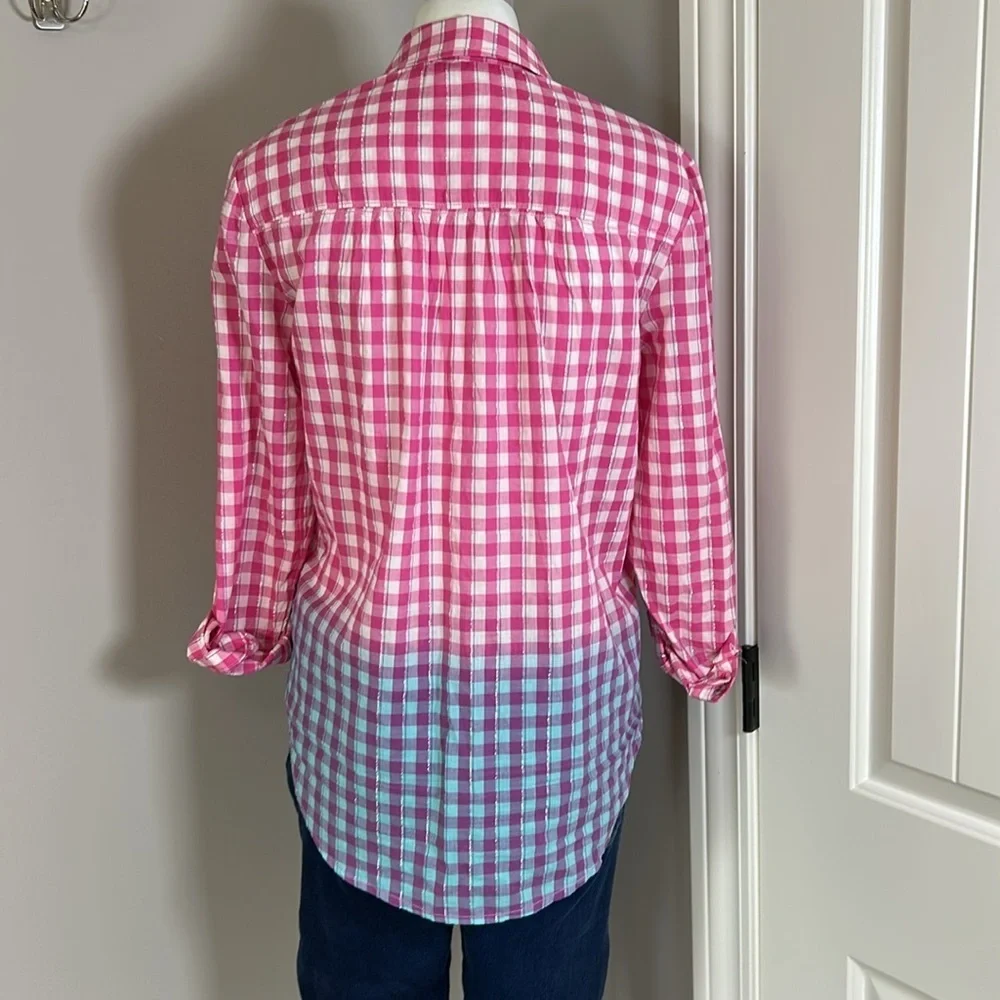 Anthropologie Pilcro Deb Gingham Button down Shirt Pink Blue Cotton Sz XS